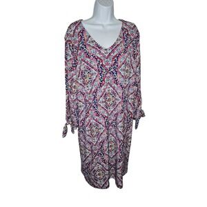 Chico's 3 XL‎ 16/18 Geometric Boho Print Shift Dress Tie Sleeve Stretch Knit